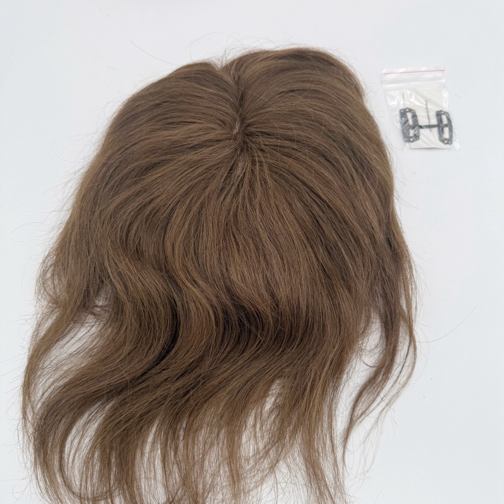 Hair Topper Real Human Hair with Bangs 7 * 13CM Silk Base with Lace 10”Med.Brown - Picture 9 of 10